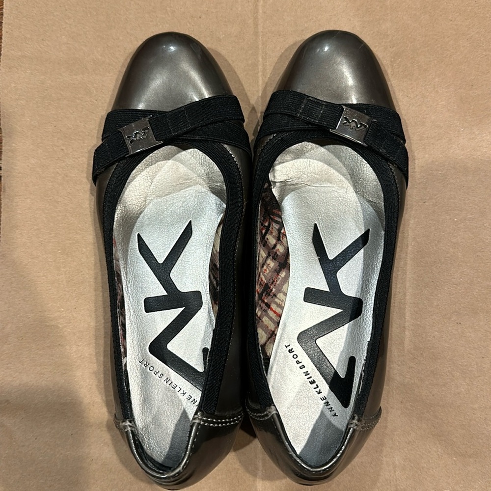 Shiny gray metallic wedge shoes (sz 6M)